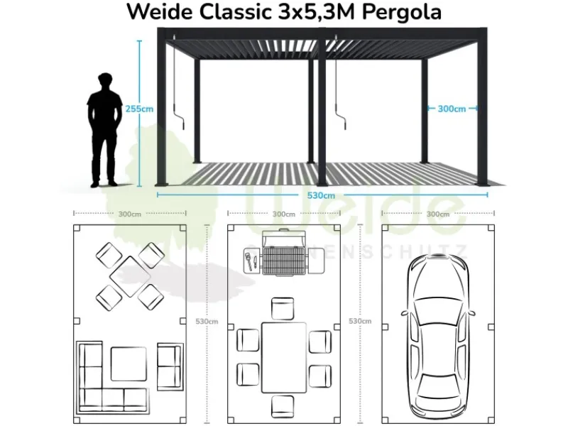 Classic Alu-Stahl Pavillon 3 x 5,3 M Anthrazit Pergola Freistehend*Weide Best