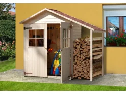 Weka Kaminholzregale|Gartenschränke|Terrassenschrank Größe 2 mit Doppeltür und Schleppdach Natur